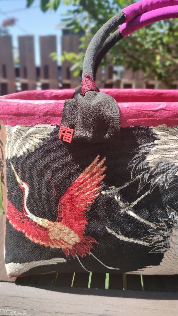 SALE　一閑張りバッグ　鶴　黒　ピンク　柿渋　ハンドメイド