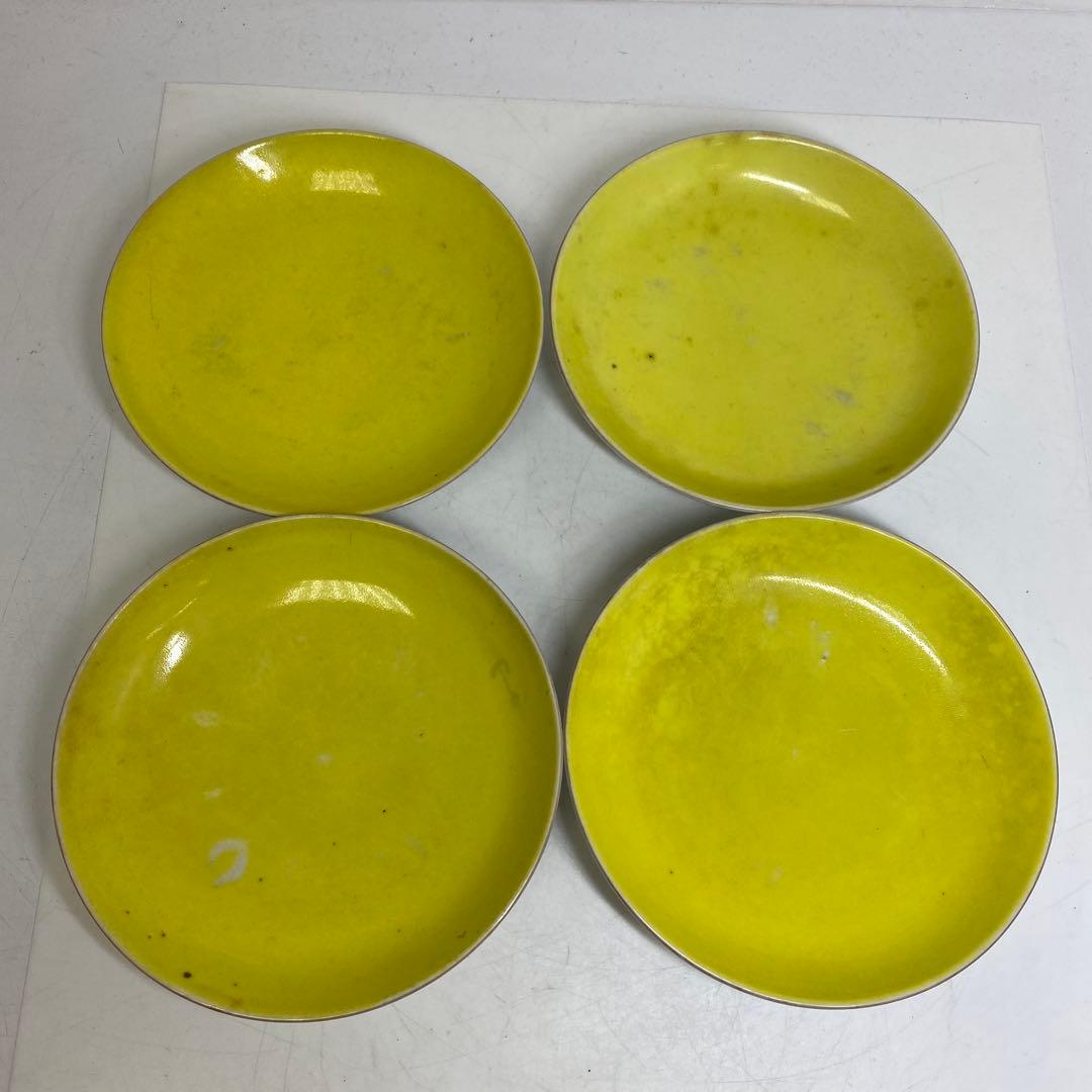 中国清時代　黄釉中皿4枚　幅約15㎝ 東さ8-0328☆2F