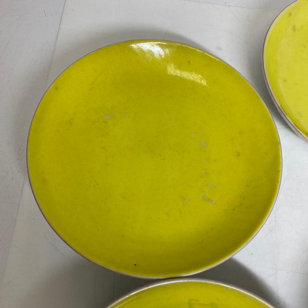 中国清時代　黄釉中皿4枚　幅約15㎝ 東さ8-0328☆2F