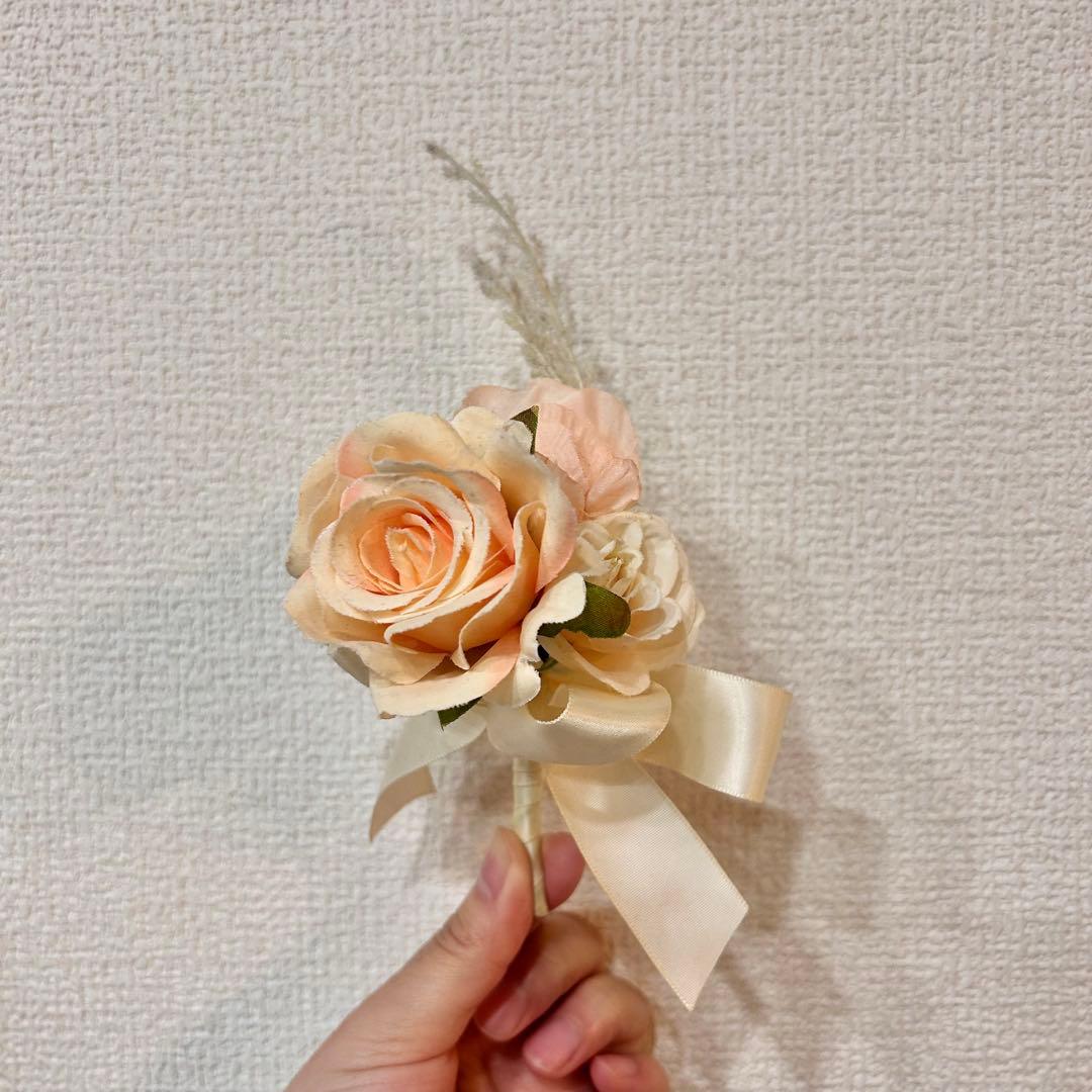 高品質造花ブーケ&ブーケトニア セット ◆ サーモンピンク／淡テラコッタ