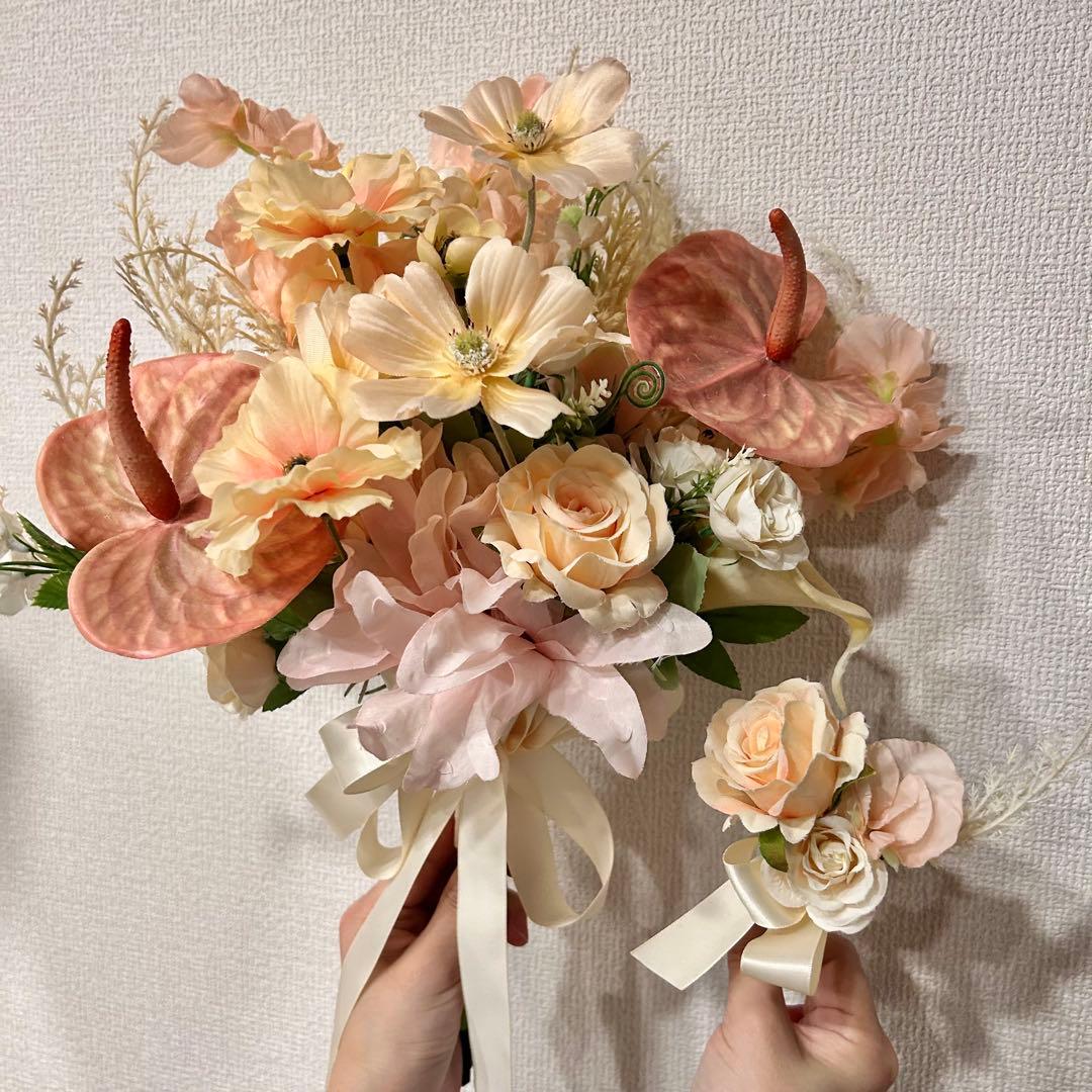 高品質造花ブーケ&ブーケトニア セット ◆ サーモンピンク／淡テラコッタ