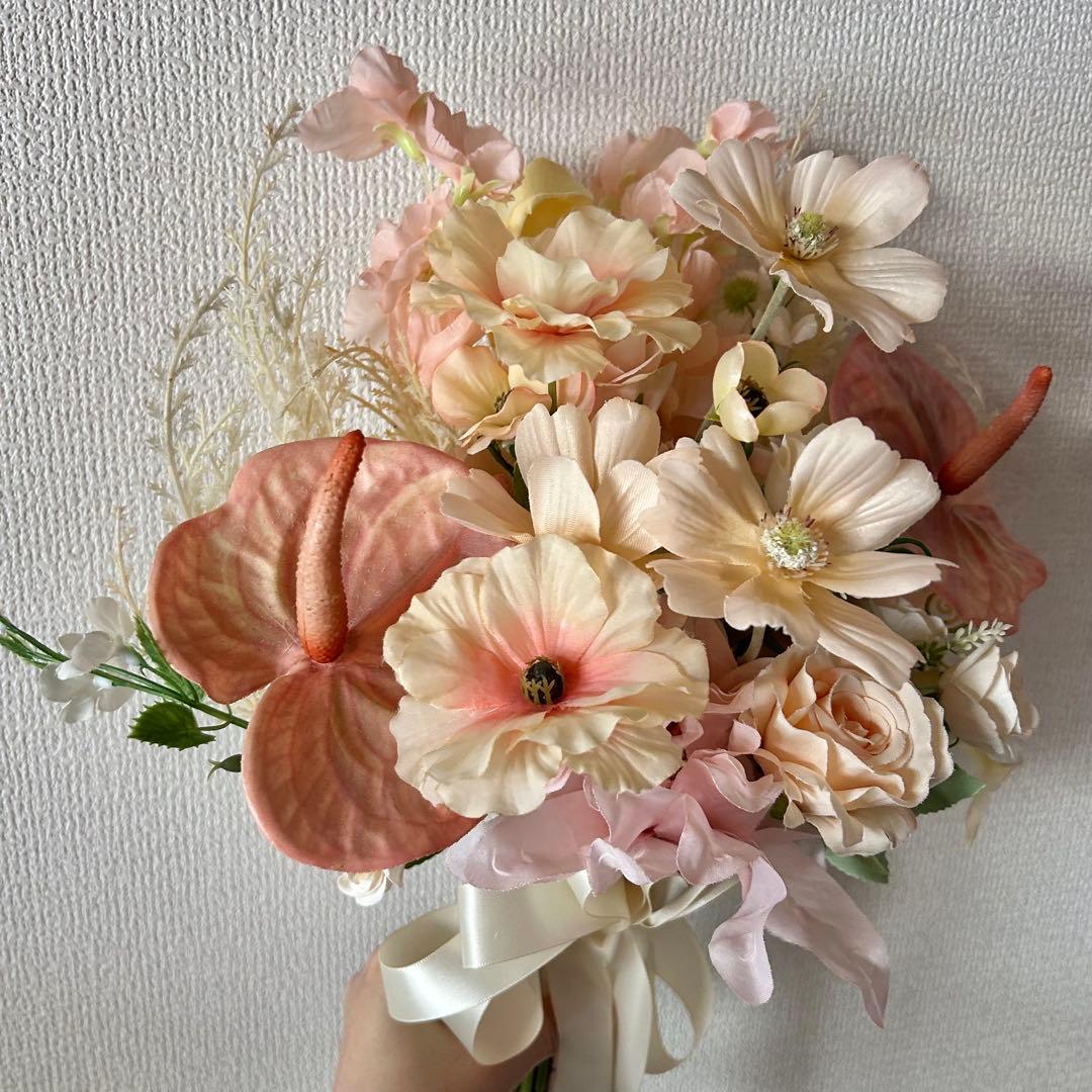 高品質造花ブーケ&ブーケトニア セット ◆ サーモンピンク／淡テラコッタ