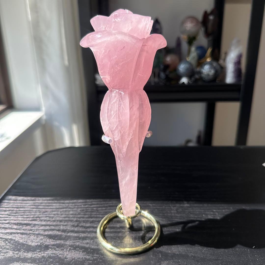 天然石ローズクォーツの薔薇　置物　彫物NO.031811