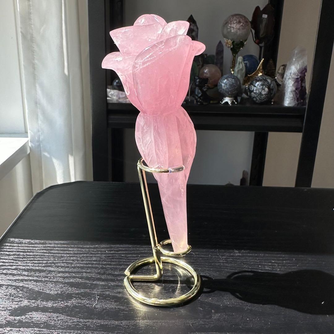 天然石ローズクォーツの薔薇　置物　彫物NO.031811