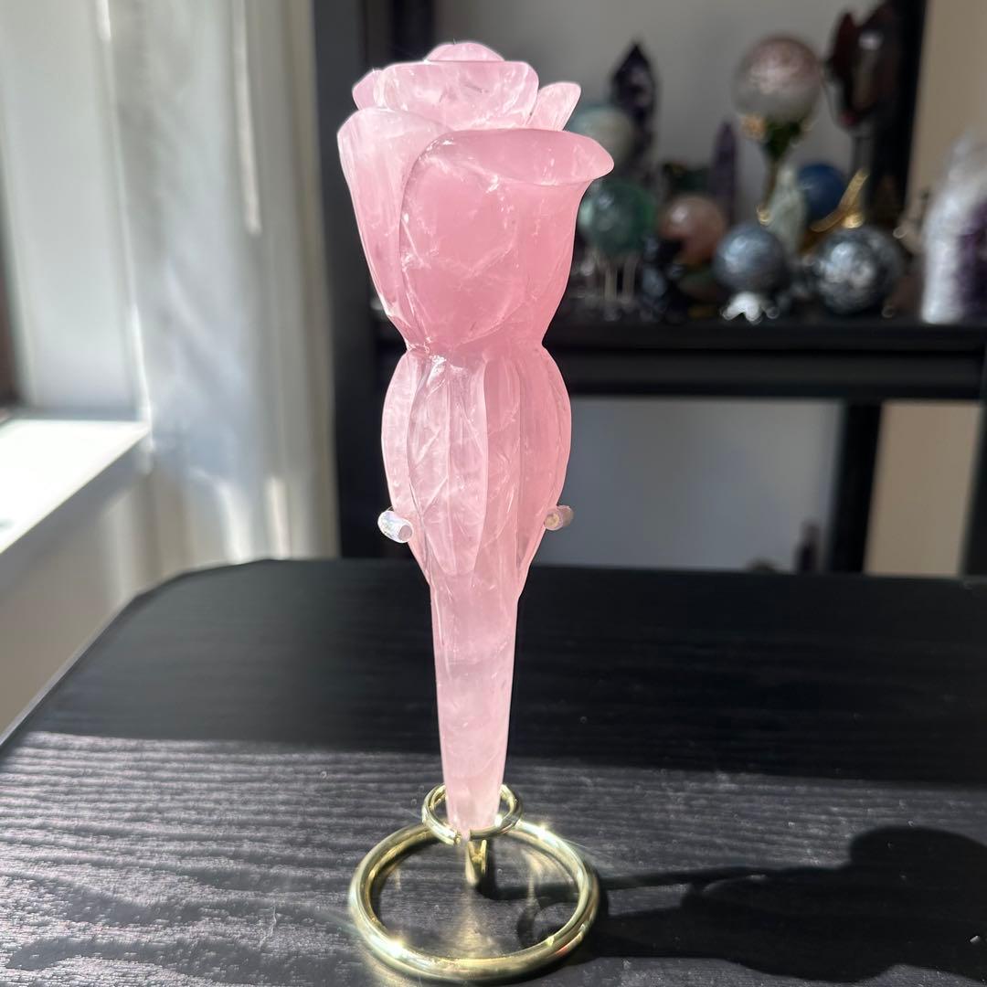 天然石ローズクォーツの薔薇　置物　彫物NO.031811