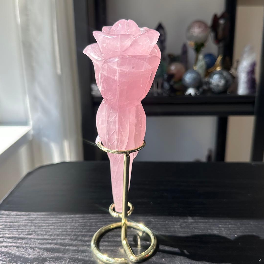 天然石ローズクォーツの薔薇　置物　彫物NO.031811
