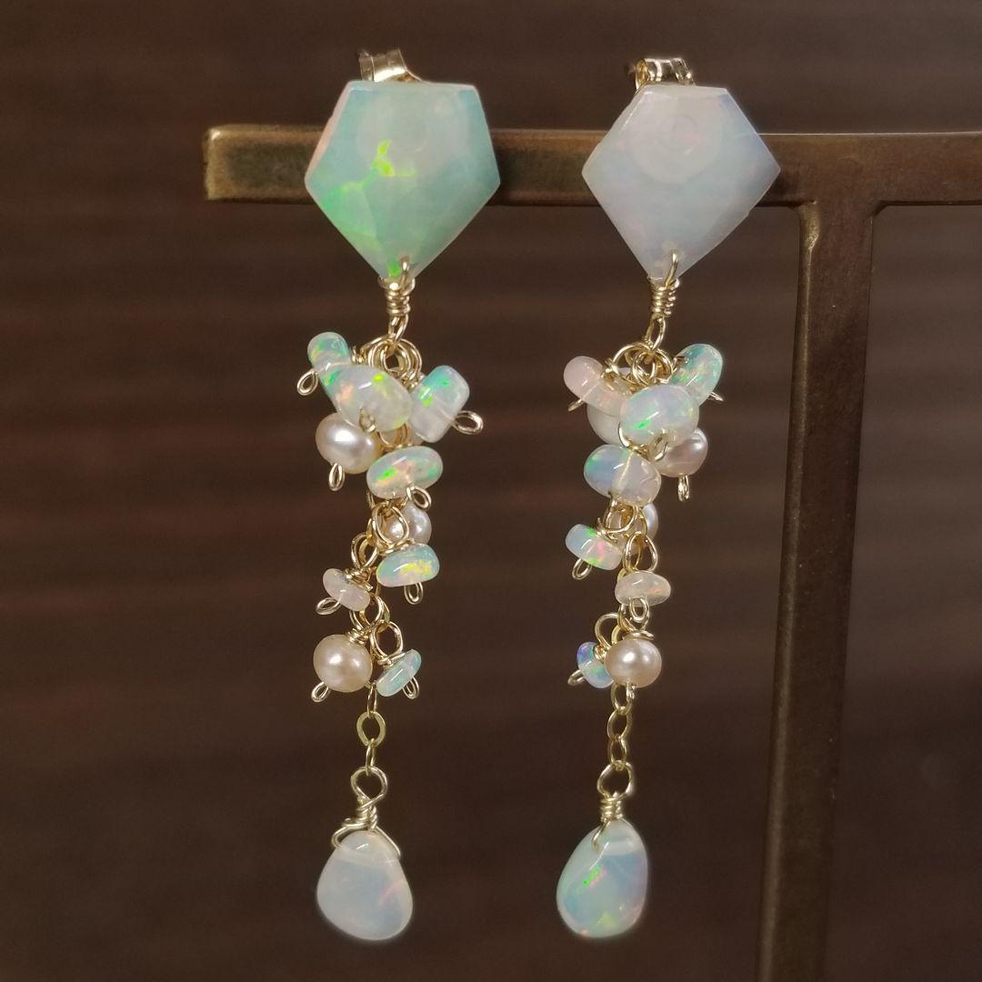 14 kgfダイヤモンドカットオパールふさふさピアス⑤vegagift