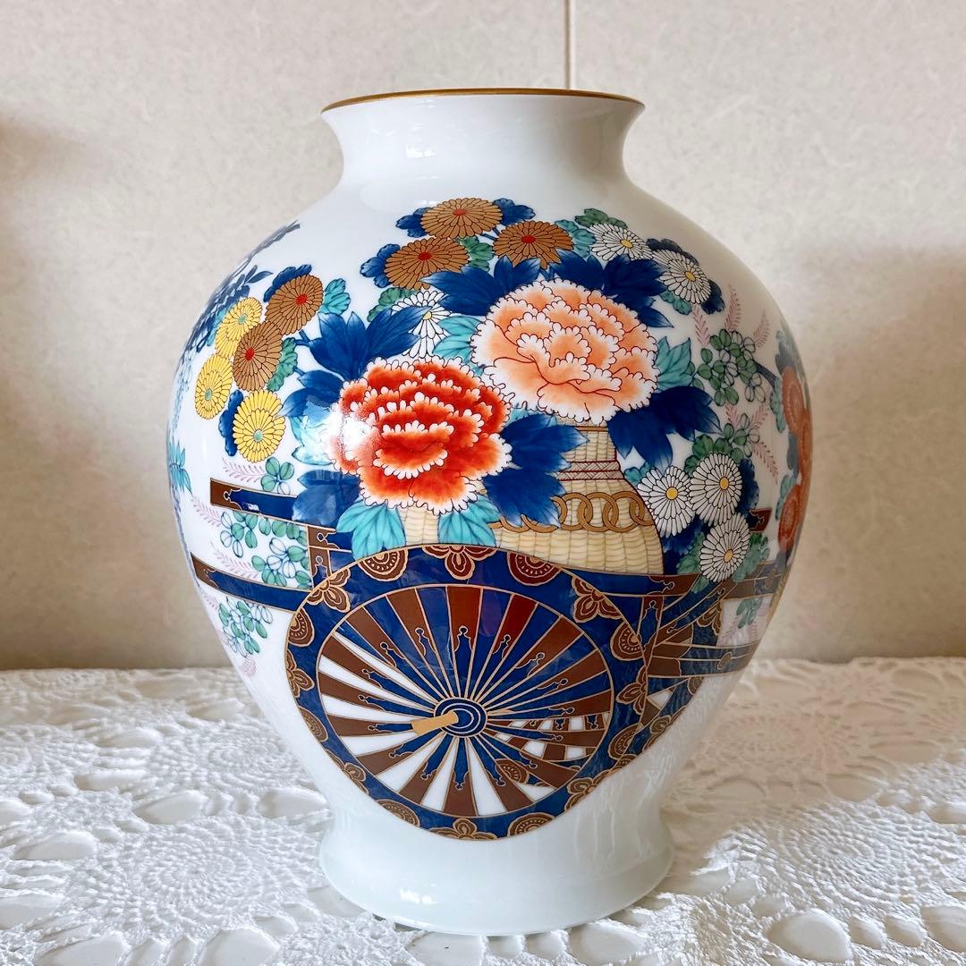 K916/香蘭社 染錦花車 花瓶 磁芸工房謹製 金彩 花器 有田焼 壺 花入