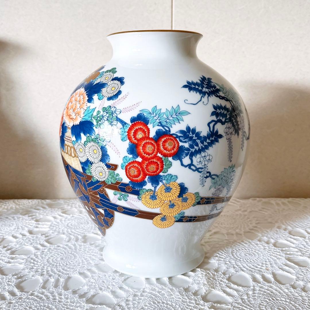 K916/香蘭社 染錦花車 花瓶 磁芸工房謹製 金彩 花器 有田焼 壺 花入