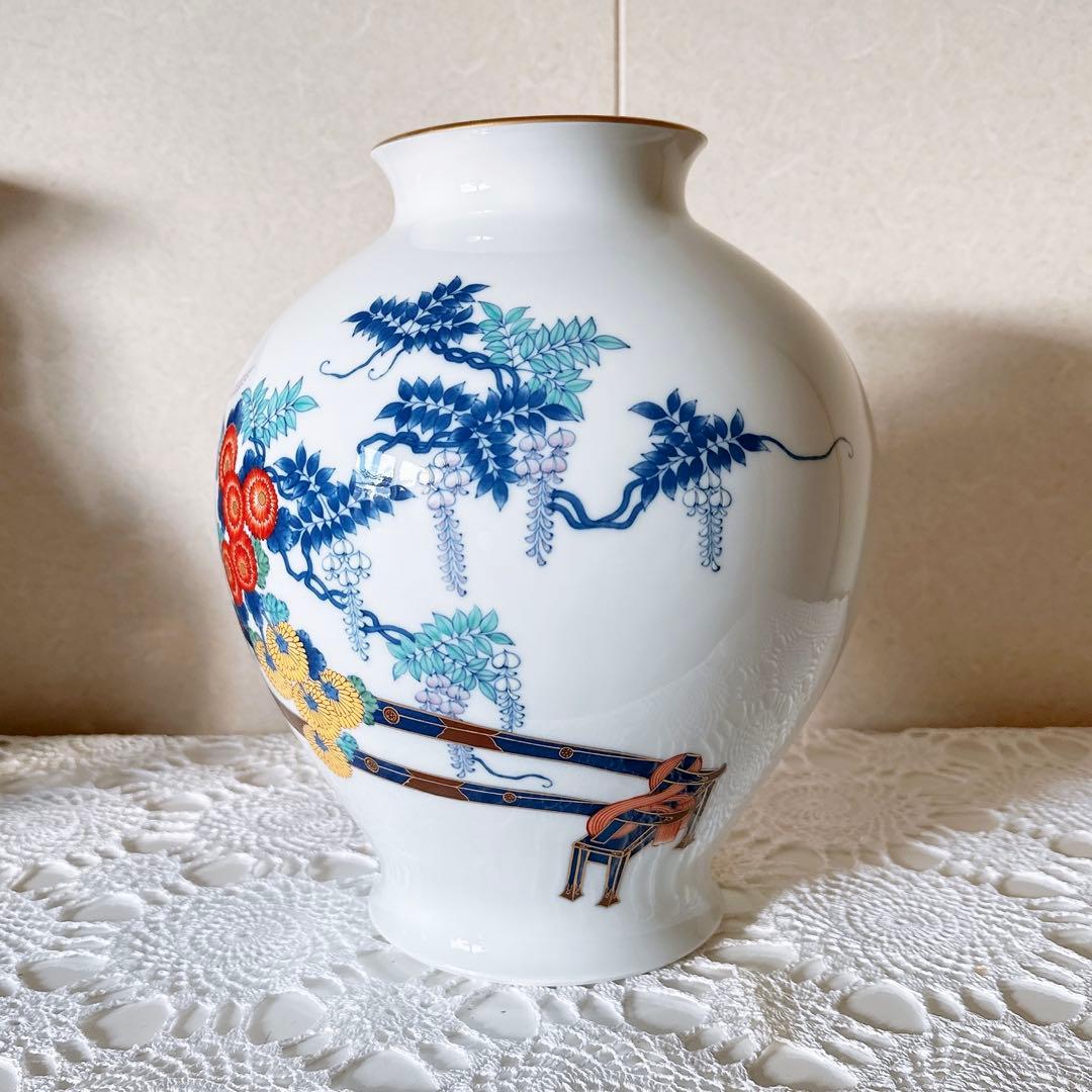 K916/香蘭社 染錦花車 花瓶 磁芸工房謹製 金彩 花器 有田焼 壺 花入