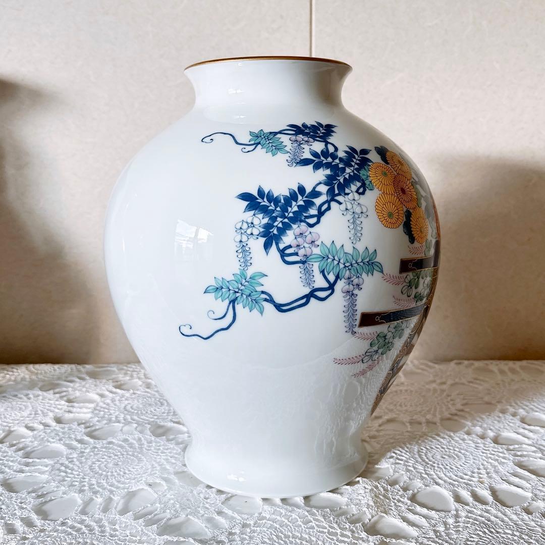 K916/香蘭社 染錦花車 花瓶 磁芸工房謹製 金彩 花器 有田焼 壺 花入