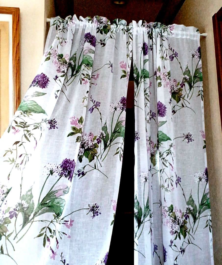 カフェカーテン【ボタニカルプリントレース　のれんスタイルタッセル付】ハンドメイド