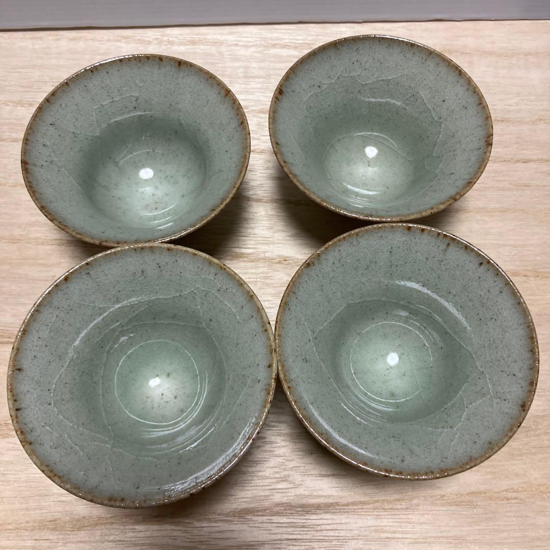 D-4 青龍窯 蓋付湯呑み 4客セット 青磁 貫入 煎茶道具 茶器 和食器