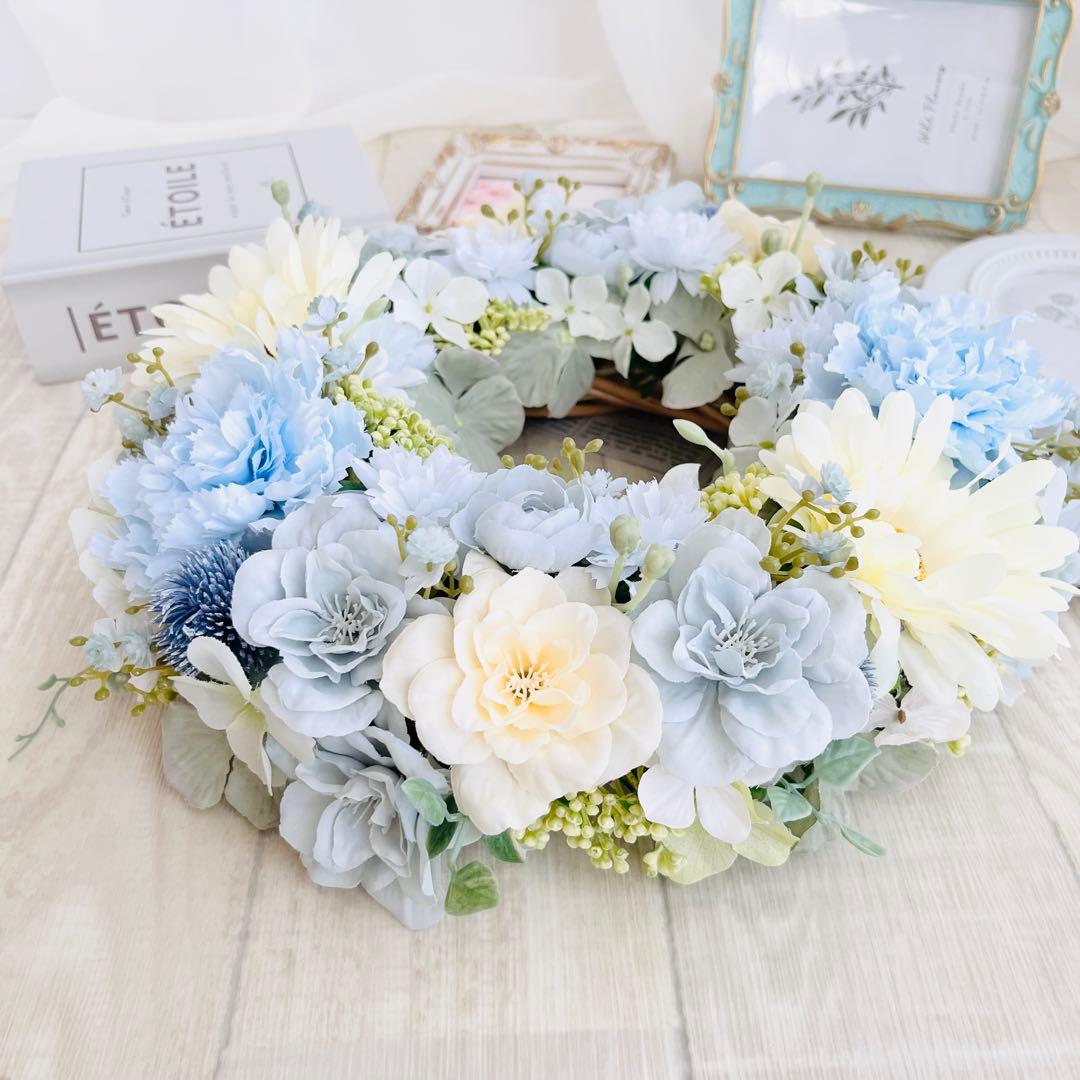 春まち フラワーリース アンティークブルー 水色 ガーベラ ローズ285