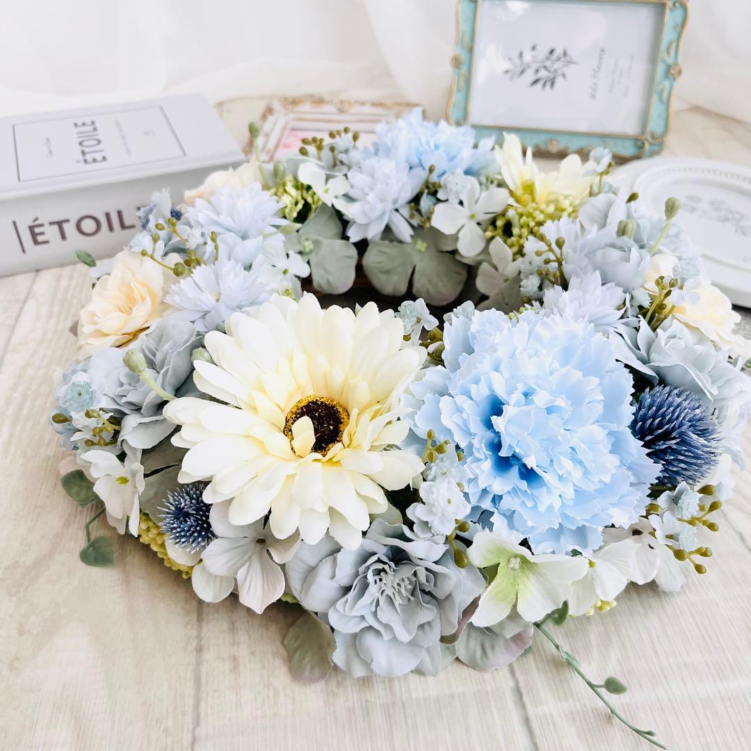 春まち フラワーリース アンティークブルー 水色 ガーベラ ローズ285