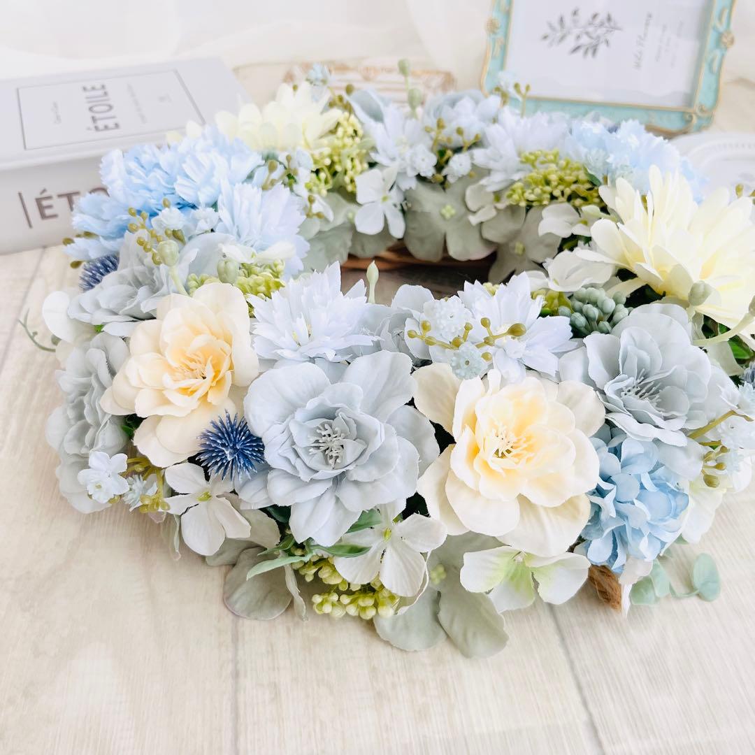 春まち フラワーリース アンティークブルー 水色 ガーベラ ローズ285