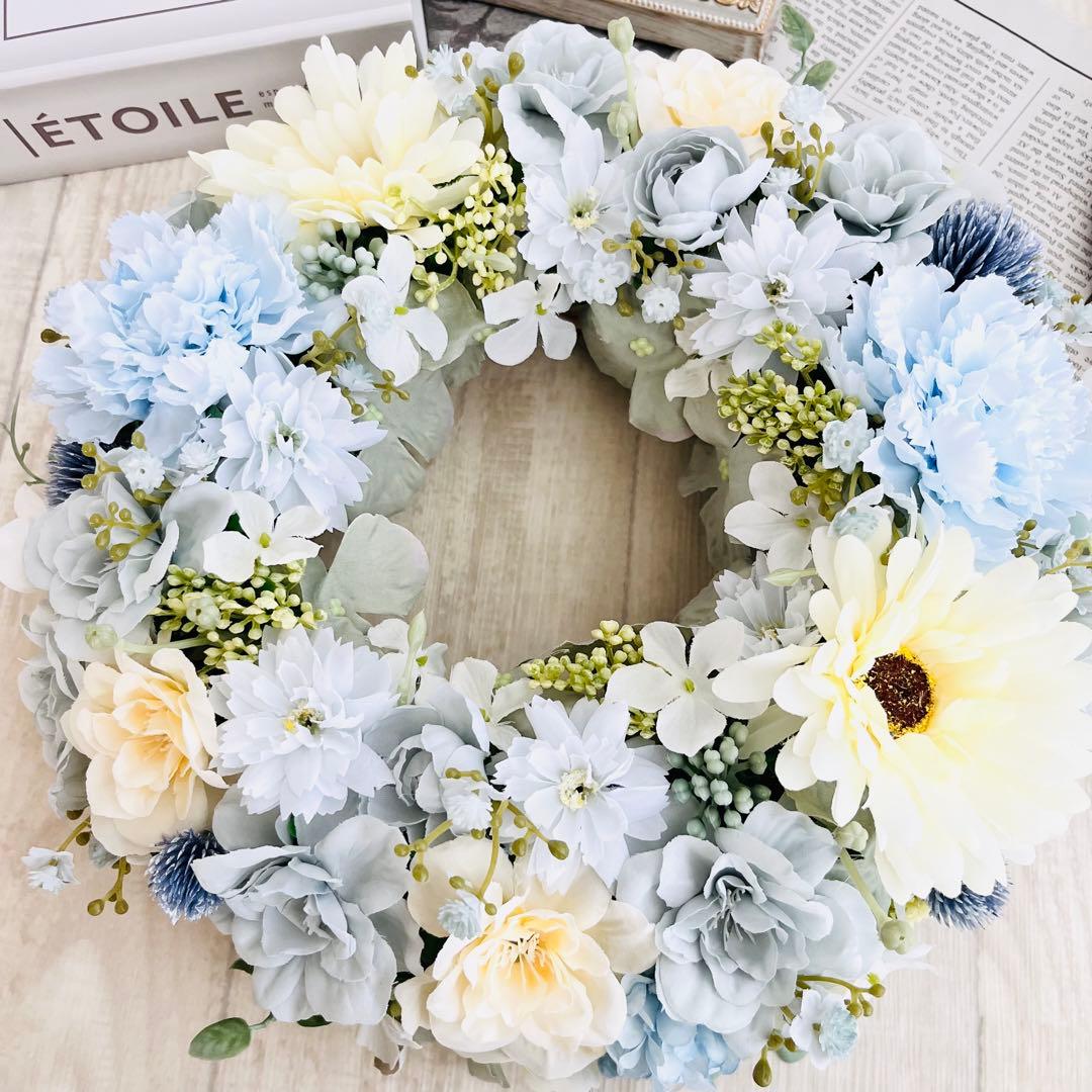 春まち フラワーリース アンティークブルー 水色 ガーベラ ローズ285