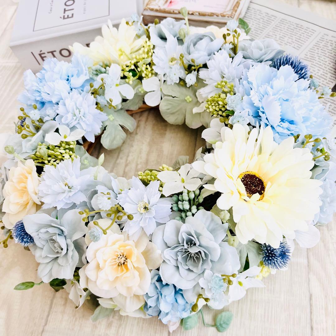 春まち フラワーリース アンティークブルー 水色 ガーベラ ローズ285