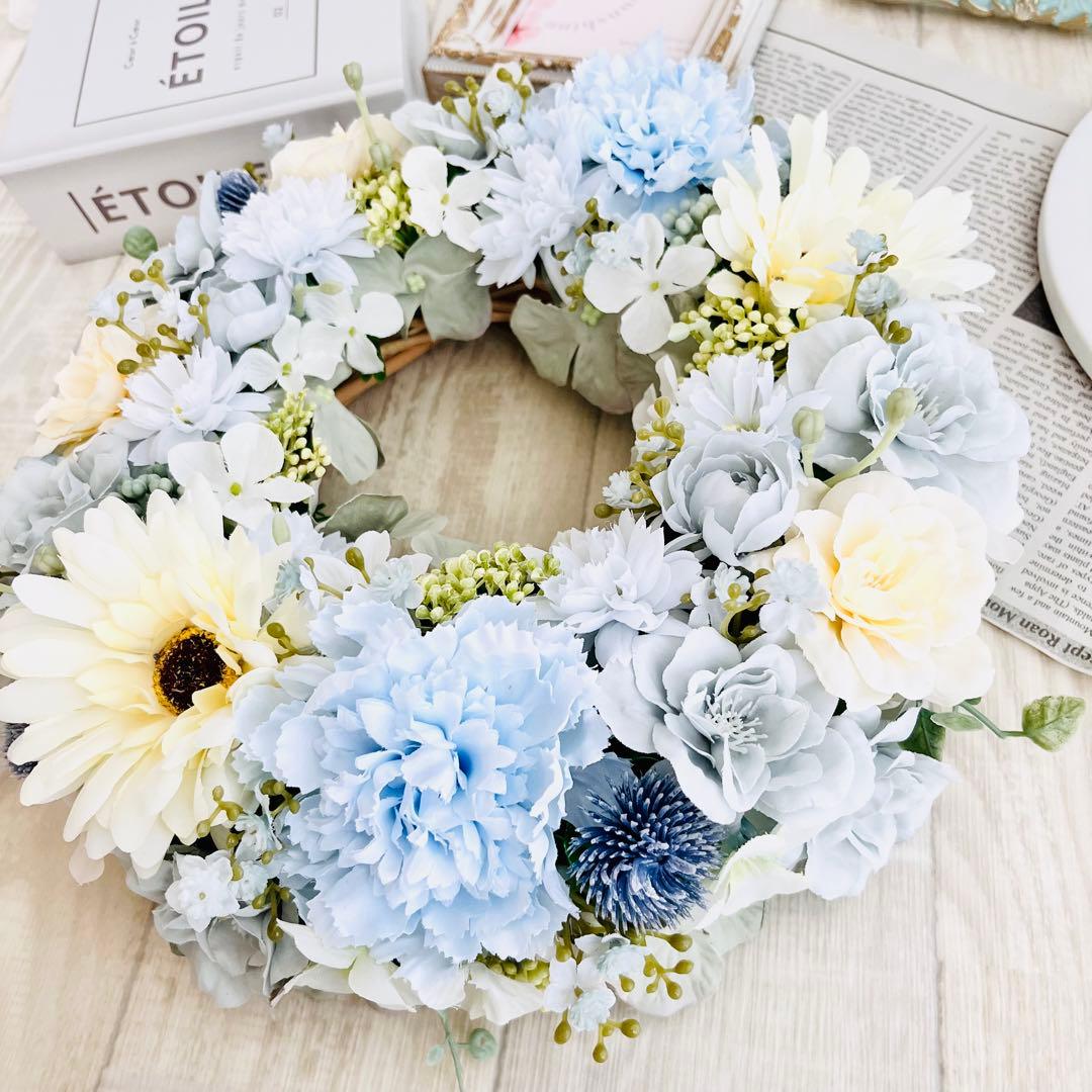 春まち フラワーリース アンティークブルー 水色 ガーベラ ローズ285