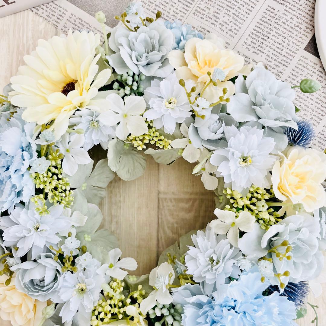 春まち フラワーリース アンティークブルー 水色 ガーベラ ローズ285