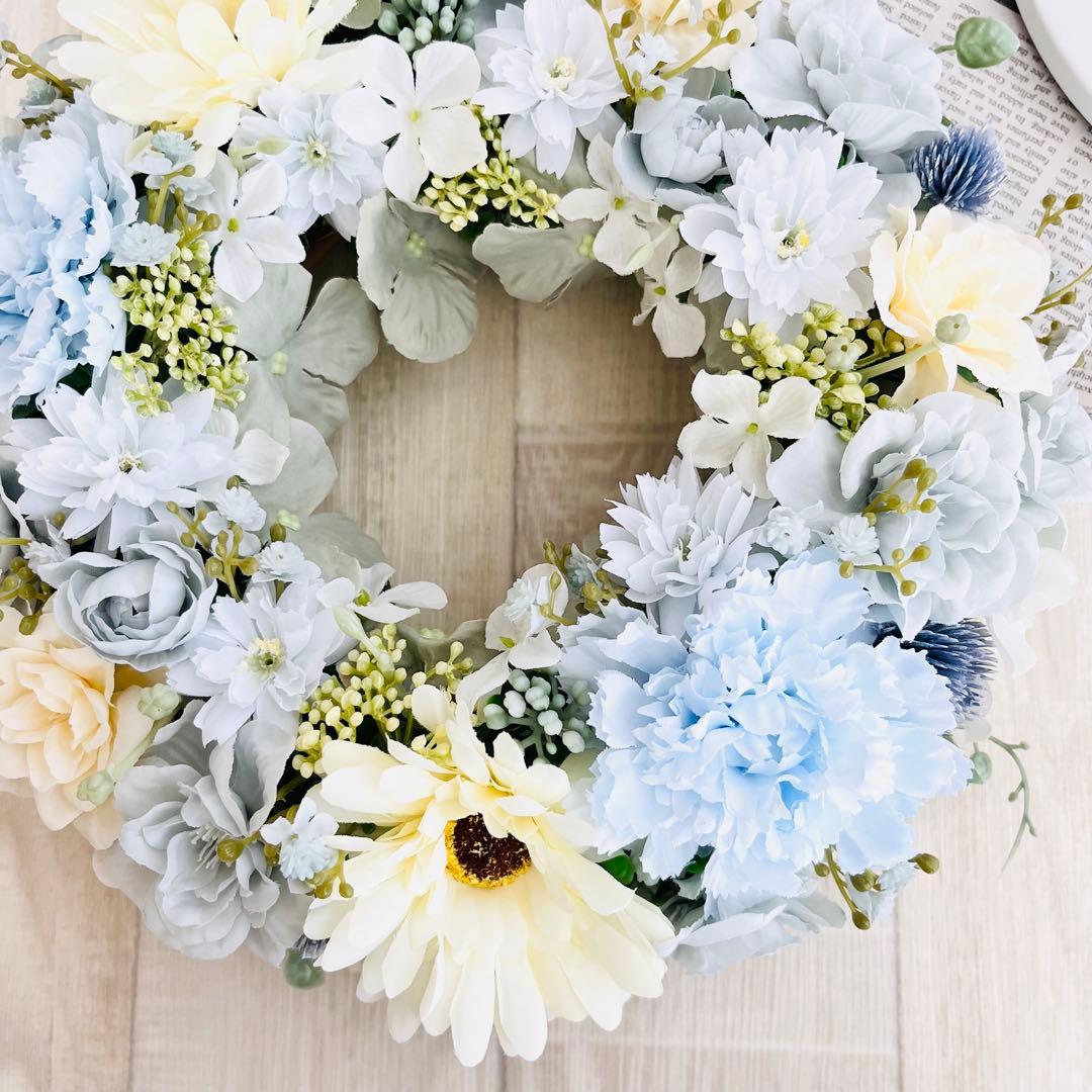 春まち フラワーリース アンティークブルー 水色 ガーベラ ローズ285