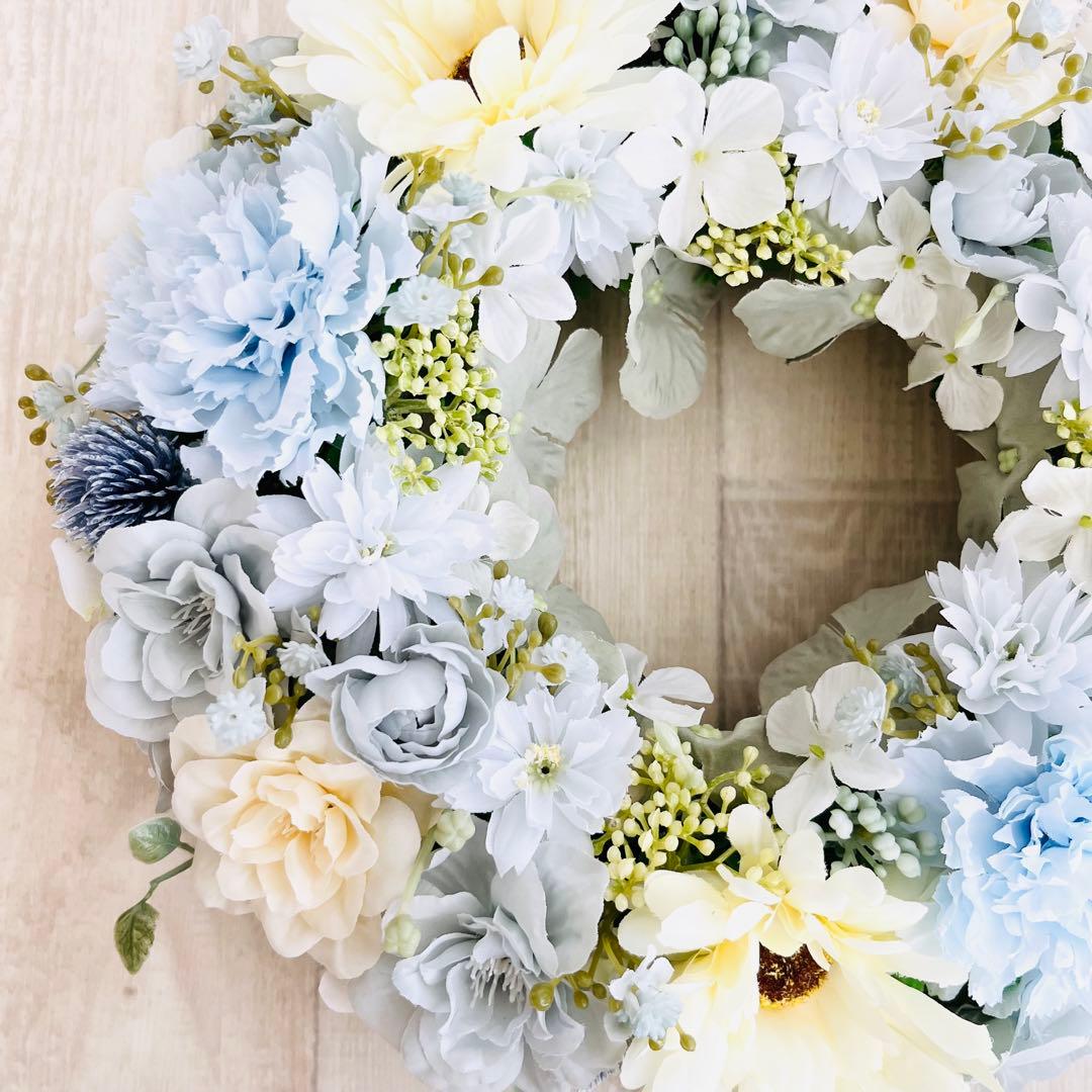 春まち フラワーリース アンティークブルー 水色 ガーベラ ローズ285