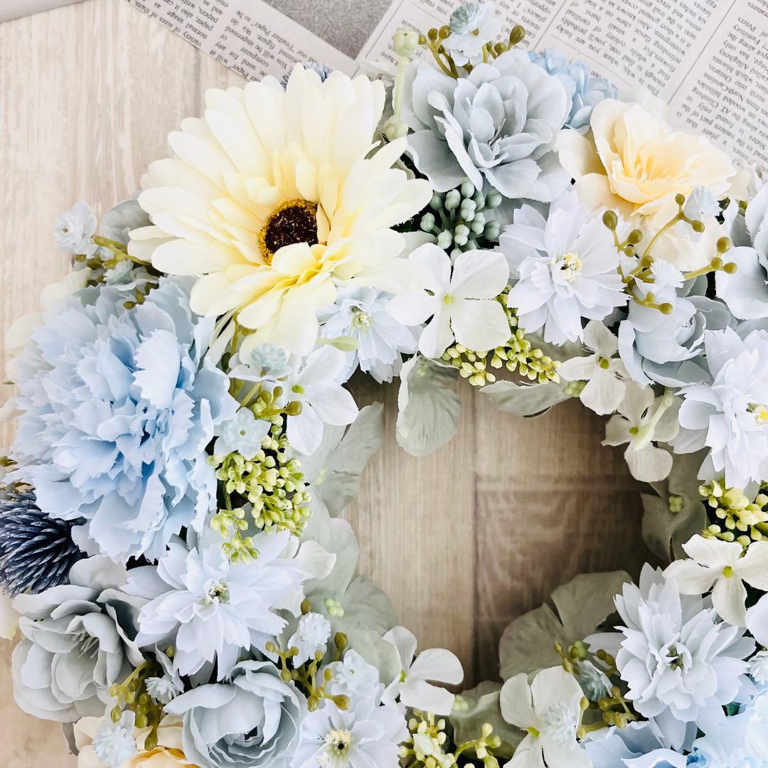 春まち フラワーリース アンティークブルー 水色 ガーベラ ローズ285