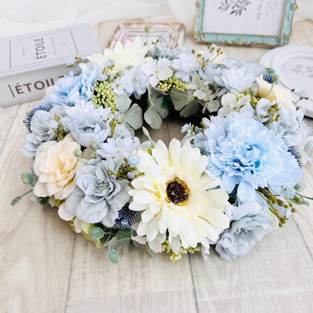 春まち フラワーリース アンティークブルー 水色 ガーベラ ローズ285