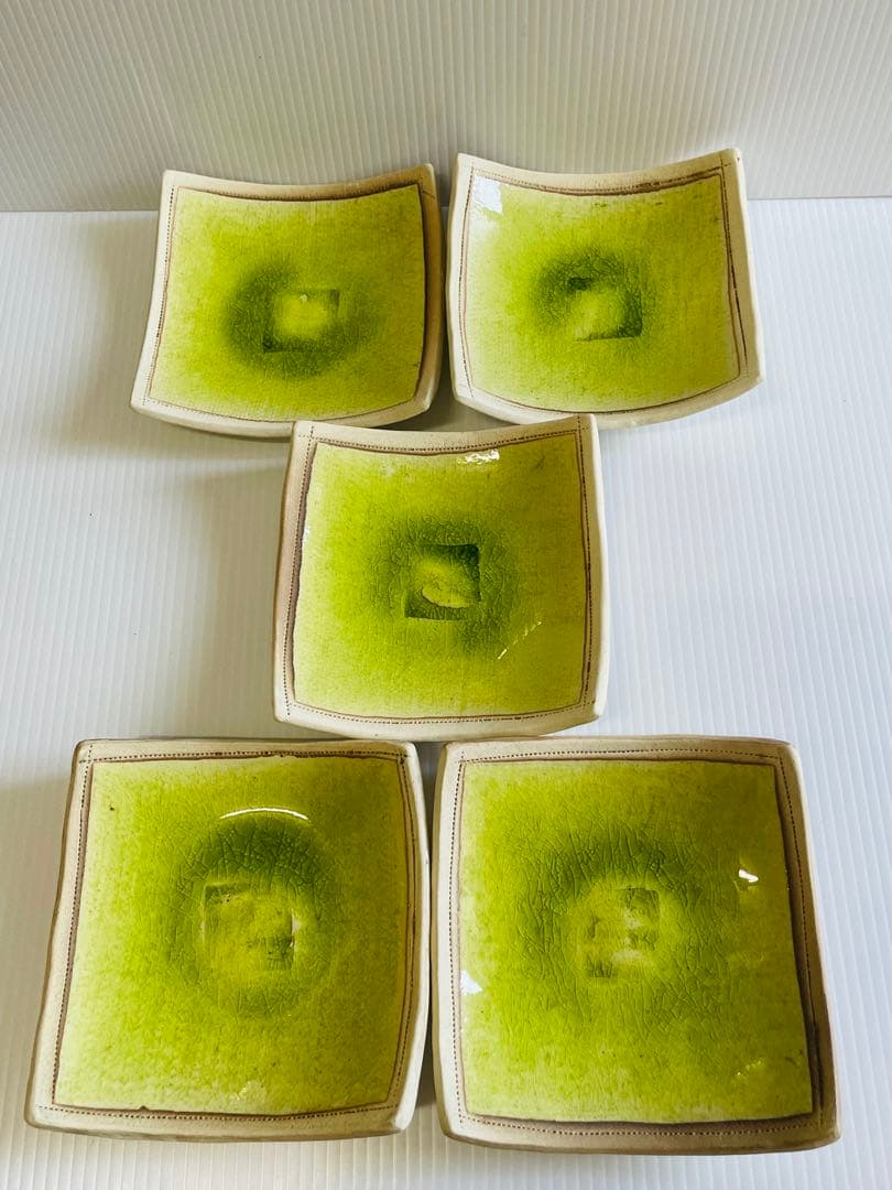 未使用品・信楽焼 白道窯　黄緑釉5寸角皿5枚セット