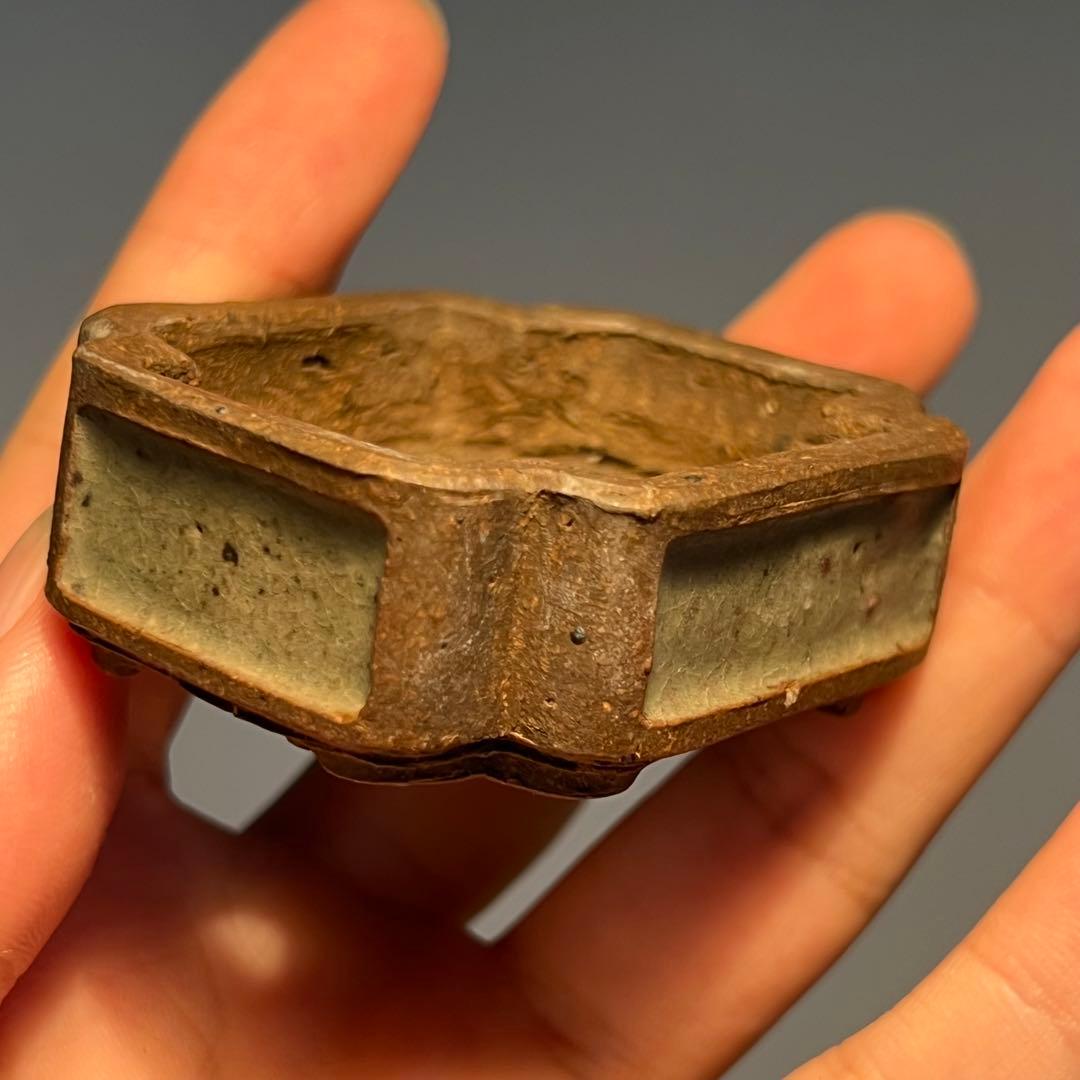 768.夢陶 隅角額入長方豆鉢 平成四年初窯 盆栽鉢 6*5.3*2.2cm