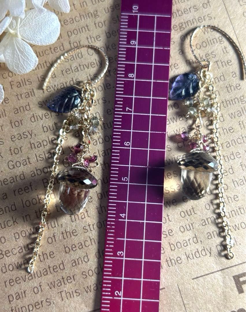 どんぐりカービングスモーキー＆アイオライトカービング＆タンドラサファイアのピアス