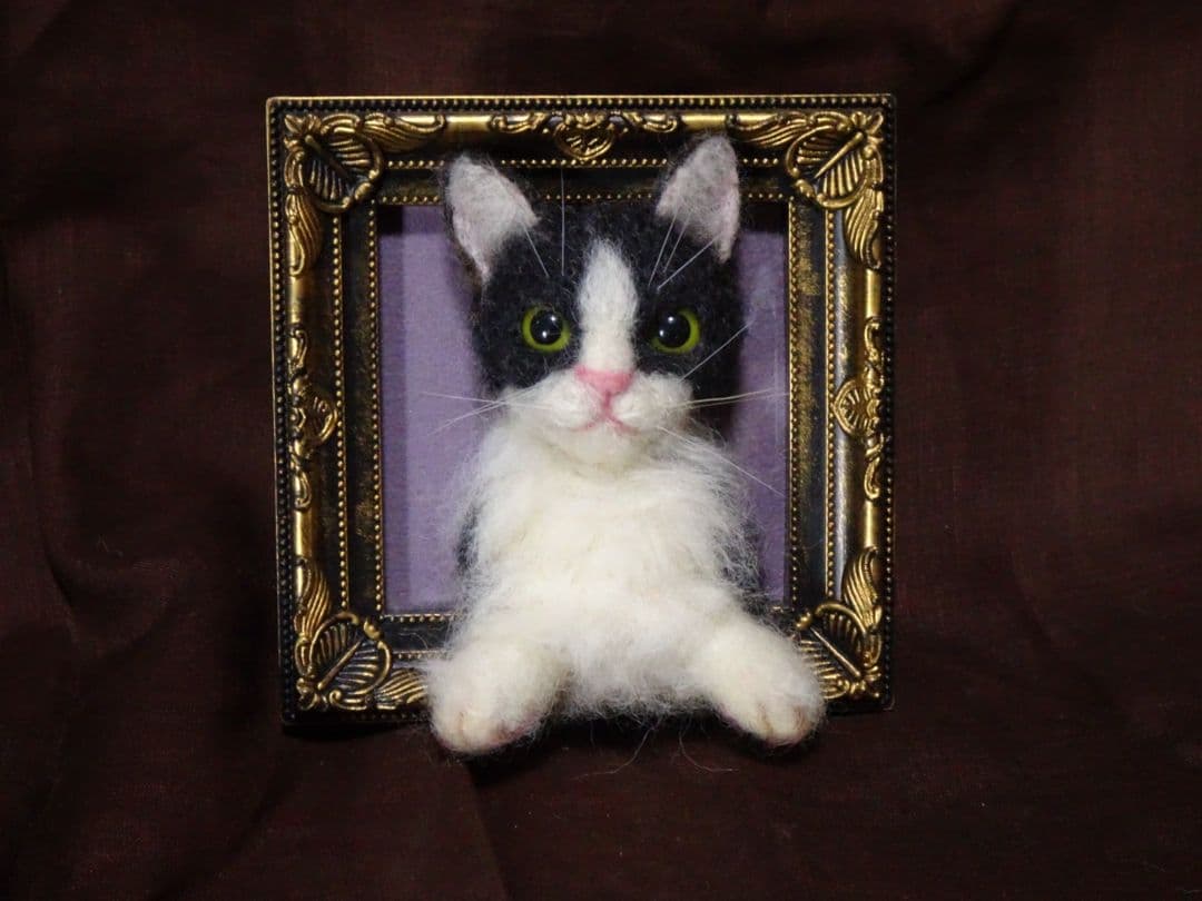 羊毛フェルト 猫のアート フレーム付き