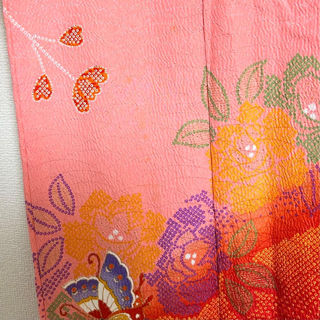 着物　七五三　7歳　女の子　13点　フルセット　ピンク　蝶　花　絞り風柄　刺繍