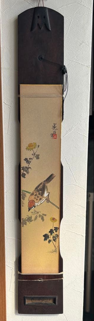 １枚板　短冊掛け　壁掛け 飾り台 花鳥画 雀 菊　時代物　飾り窓