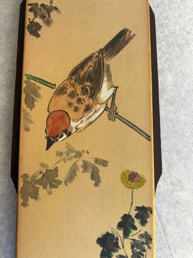 １枚板　短冊掛け　壁掛け 飾り台 花鳥画 雀 菊　時代物　飾り窓