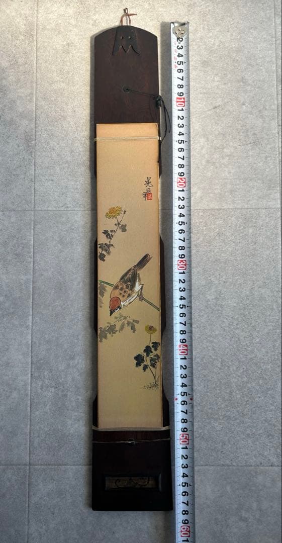 １枚板　短冊掛け　壁掛け 飾り台 花鳥画 雀 菊　時代物　飾り窓