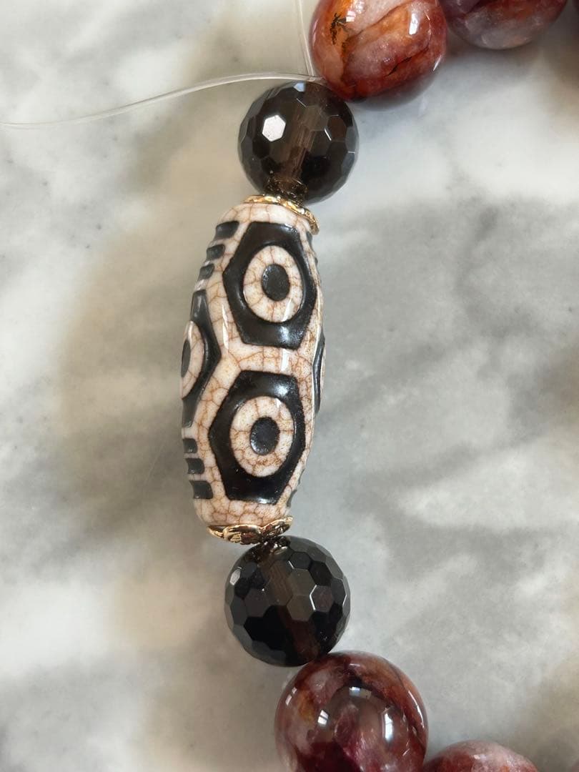 龍眼天珠、レッドルチルクォーツ、ファイアクォーツ、スモーキークォーツのブレスレッ