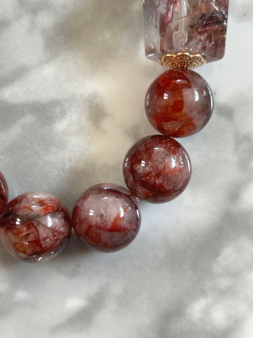 龍眼天珠、レッドルチルクォーツ、ファイアクォーツ、スモーキークォーツのブレスレッ