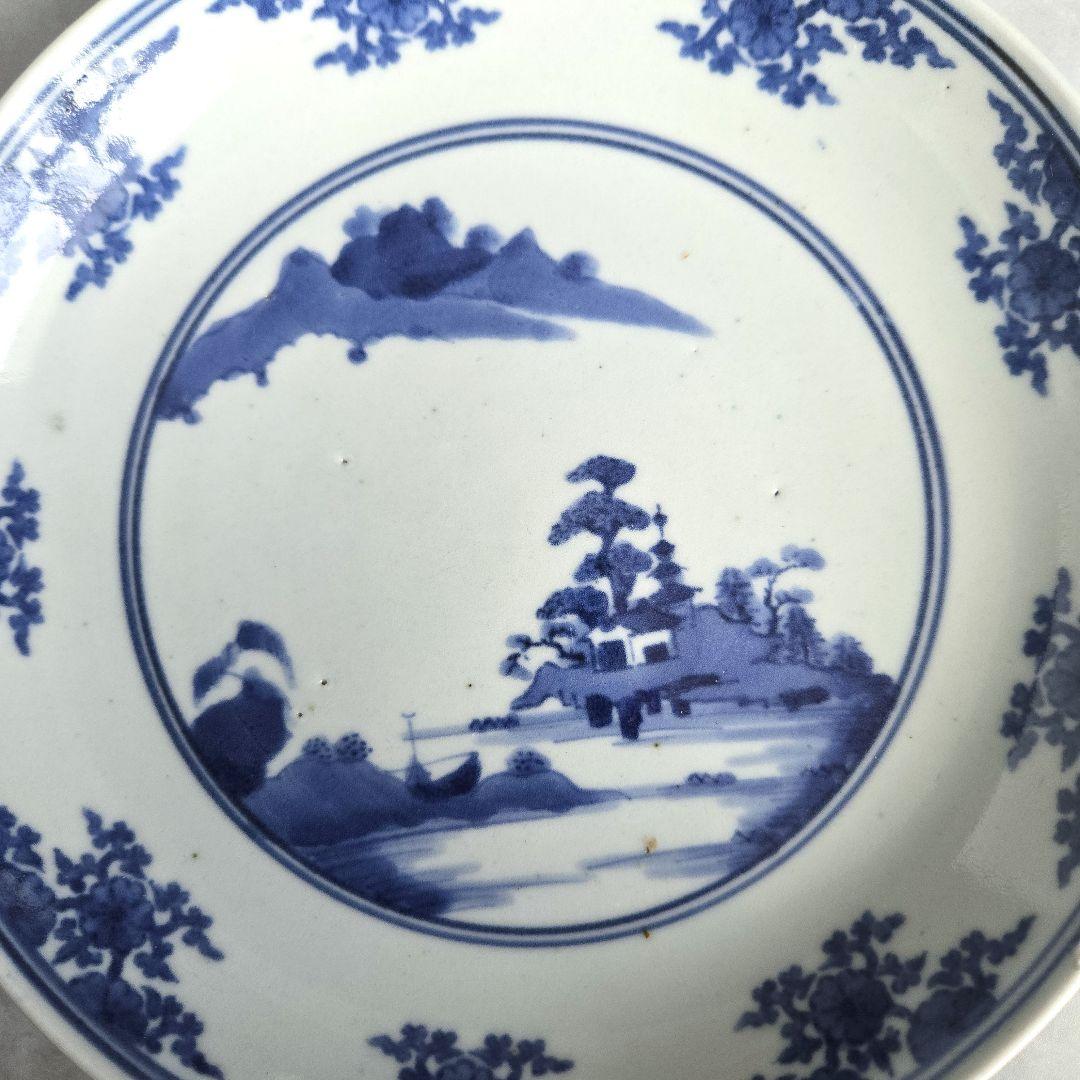 古伊万里　染付　六寸皿　花唐草　江戸　型紙摺　印判　金継ぎ　骨董　アンティーク
