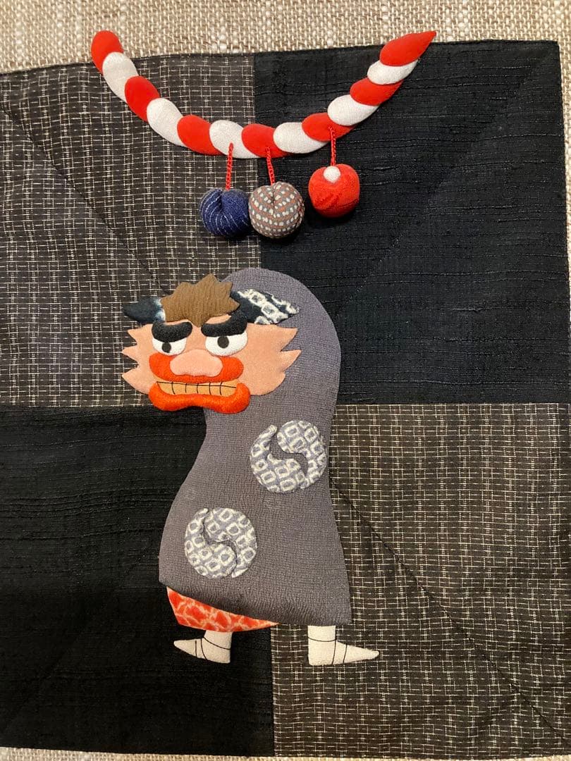 獅子舞柄キリばめ押し絵のタペストリー＊展示品＊大島生地に獅子舞