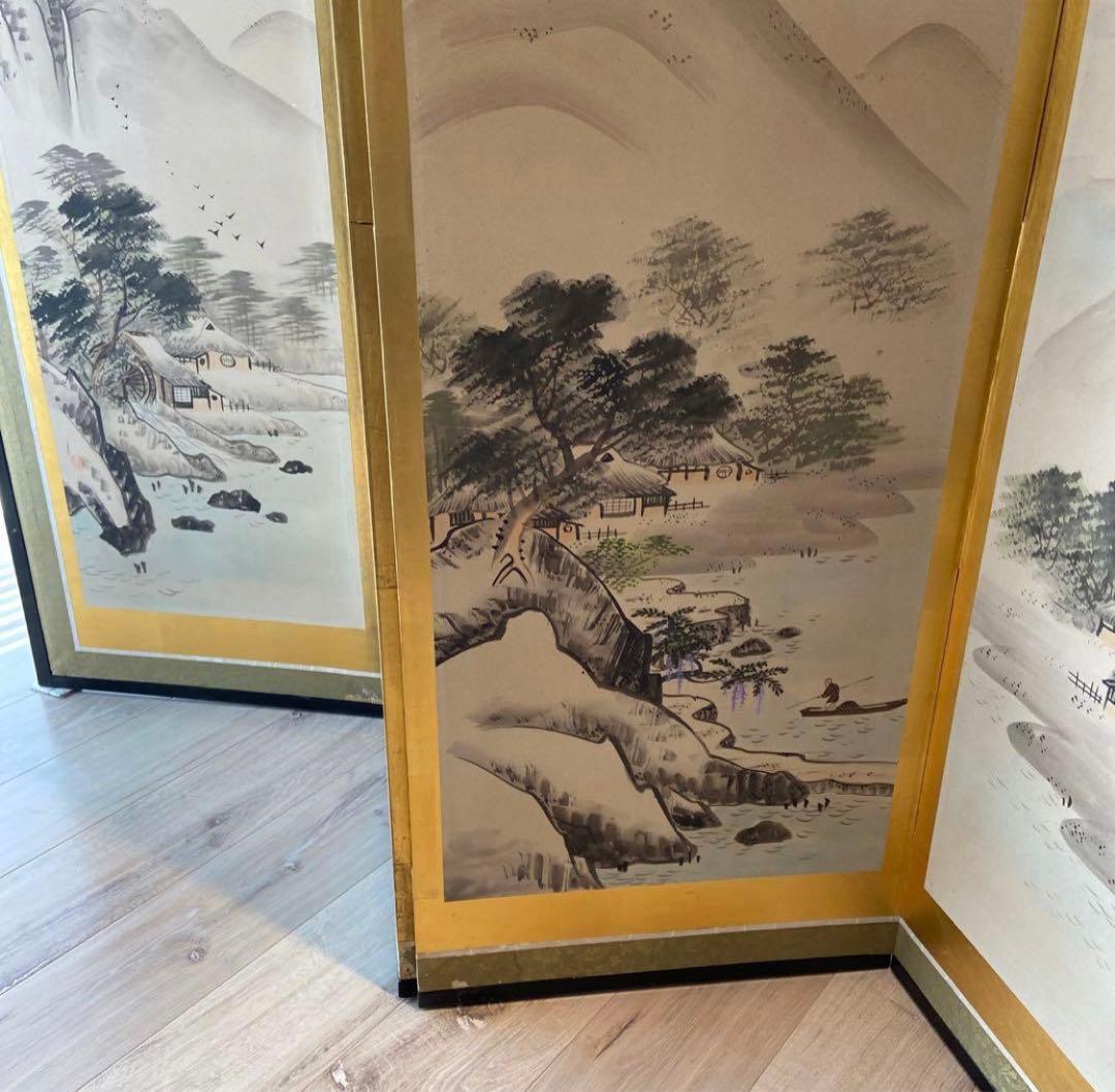 山水画 屏風 花柄裏面