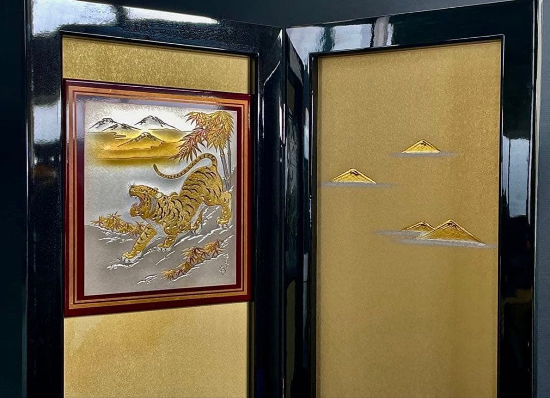 割引❗️【美品】「母」 龍虎 彫金 黒漆塗 二曲一双 屏風 衝立 日本製（あ ③）