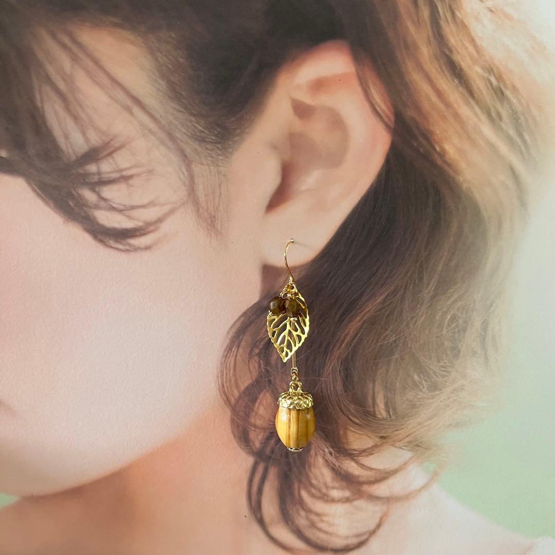 ☆❤️ どんぐり　秋　木の実　木の葉　ピアス　イヤリング　ハンドメイド