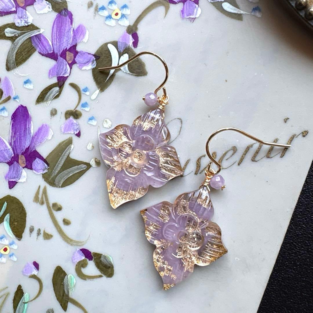 《1点限定》ラベンダーレピドライトダブルフラワーカービング＊ピアスorイヤリング