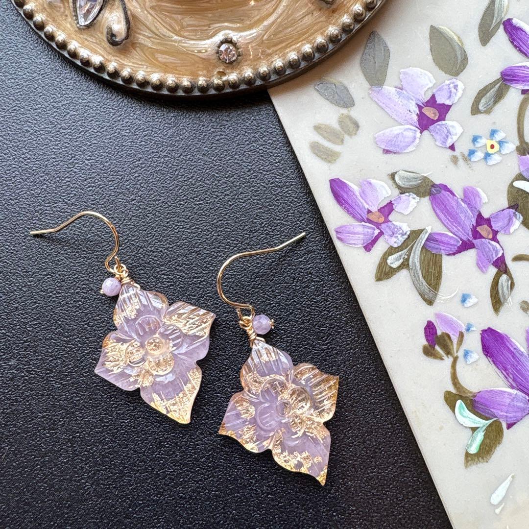 《1点限定》ラベンダーレピドライトダブルフラワーカービング＊ピアスorイヤリング