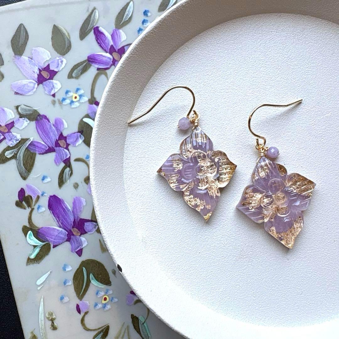《1点限定》ラベンダーレピドライトダブルフラワーカービング＊ピアスorイヤリング