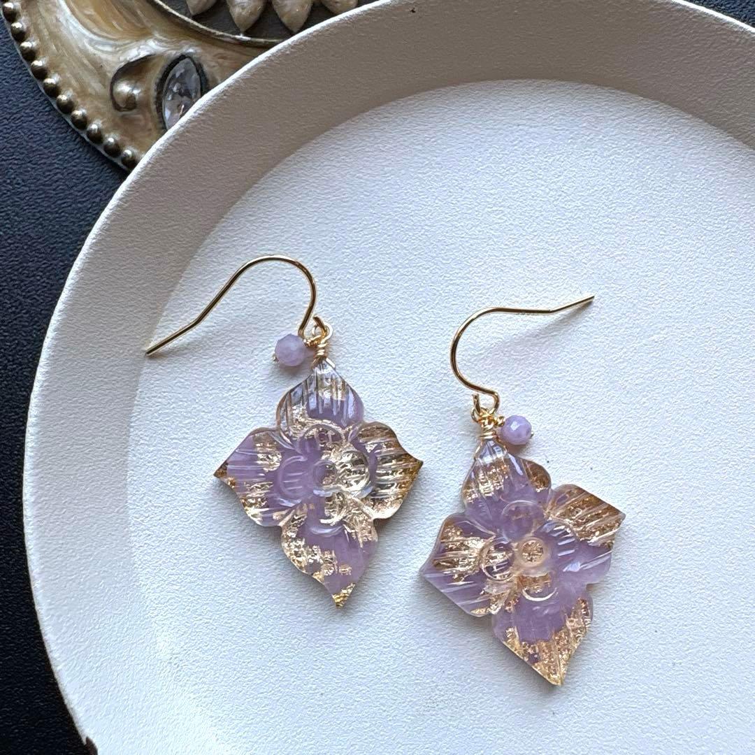 《1点限定》ラベンダーレピドライトダブルフラワーカービング＊ピアスorイヤリング