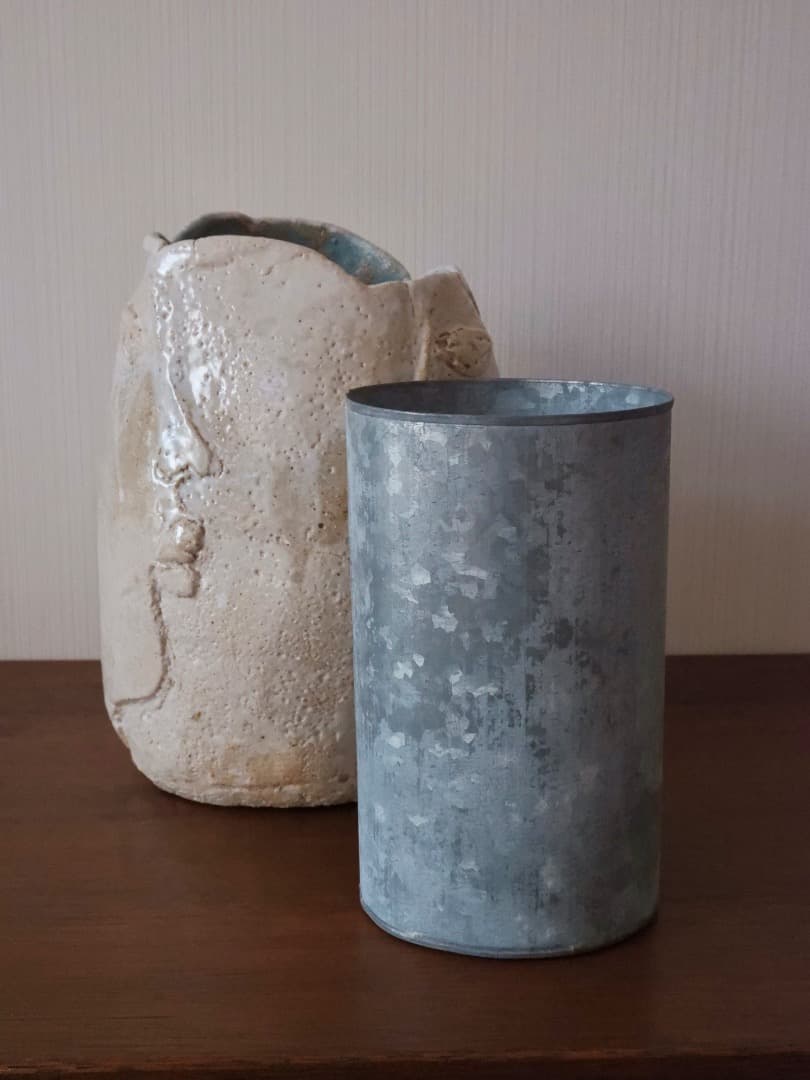 双面文　花瓶　現代芸術　華道具　内筒銅　箱付　Q2588