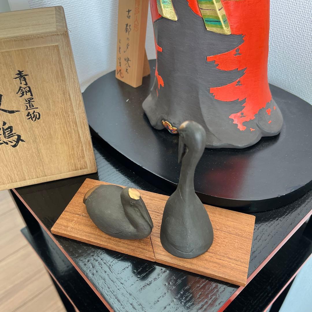 レトロ双鶴　青銅製鶴鈴付き置き物　田中彰青銅彫刻家