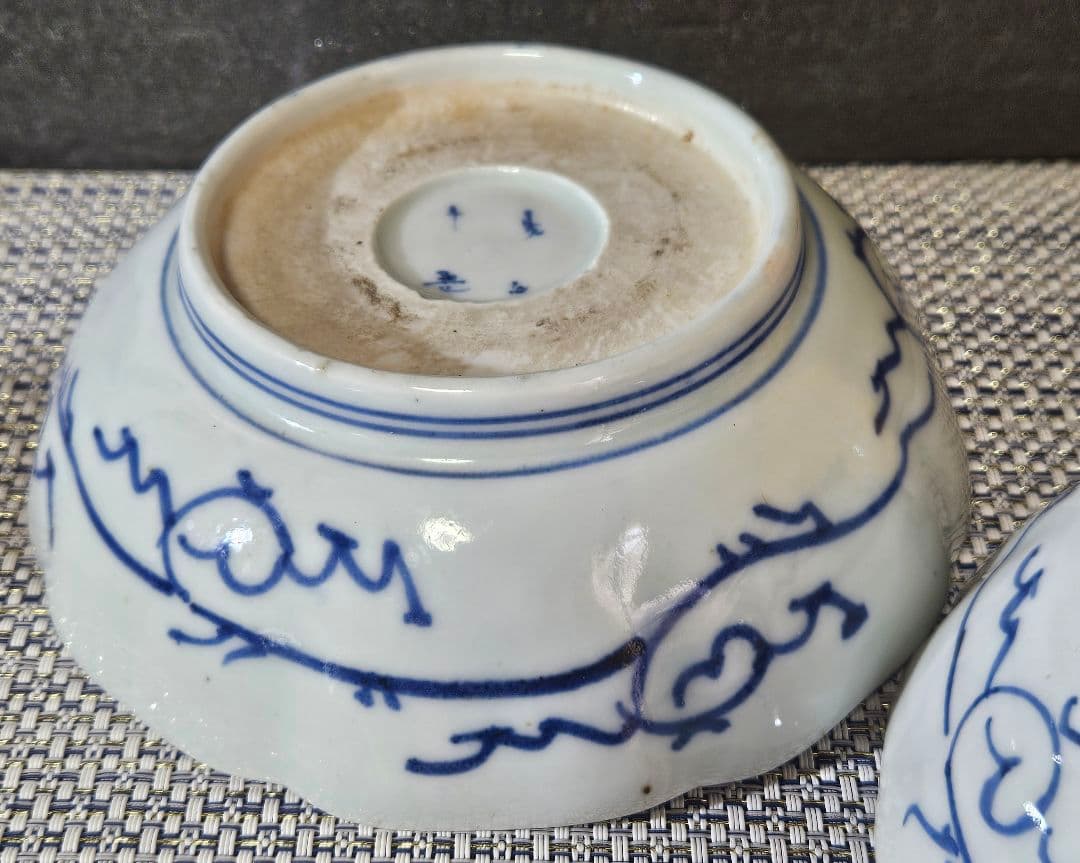 江戸時代後期　古伊万里　染付　たこ唐草 文様　なます皿　膾皿　深皿　2客揃い